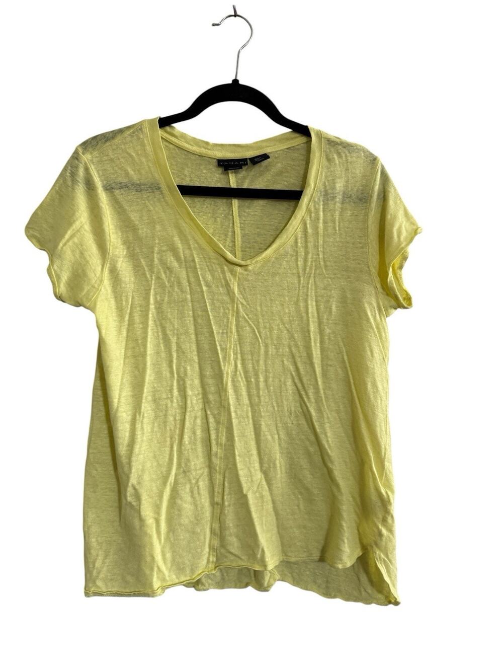 Tahari Shirt Top Womens Size Large Yellow Short Sleeve V Neck 100% Linen #7368